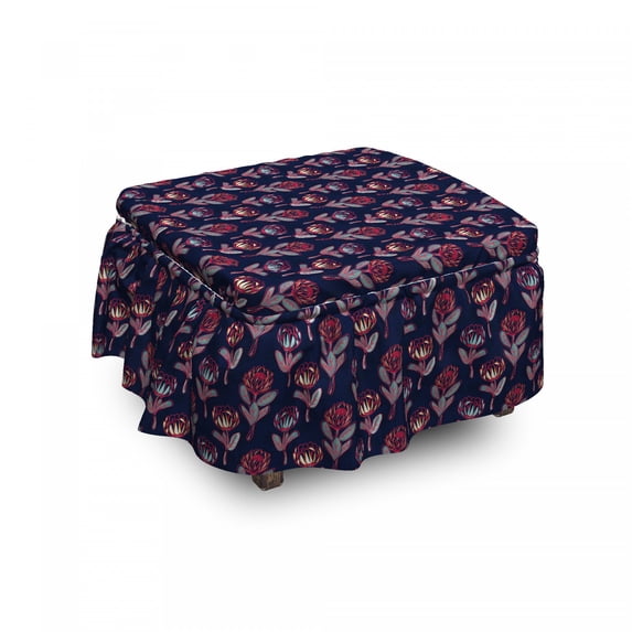 Floral Ottoman Cover, Doodle Style Prote Flowers, 2 Piece Slipcover Set with Ruffle Skirt for Square Round Cube Footstool Decorative Home Accent, Standard Size, Indigo Multicolor, by Ambesonne