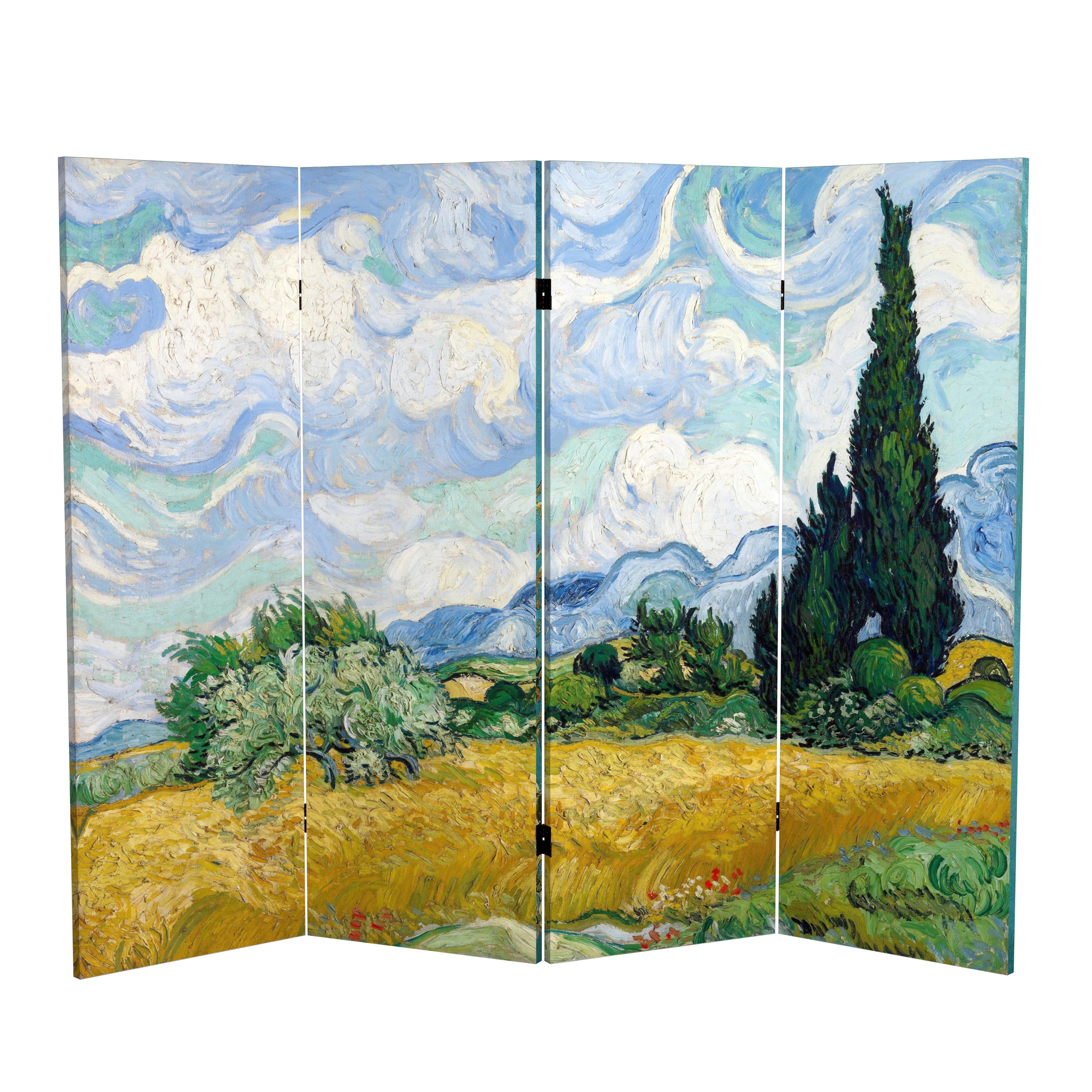 Red Lantern 4 ft. Short Van Gogh Canvas Folding Screen - Almond Blossoms/Wheat Field