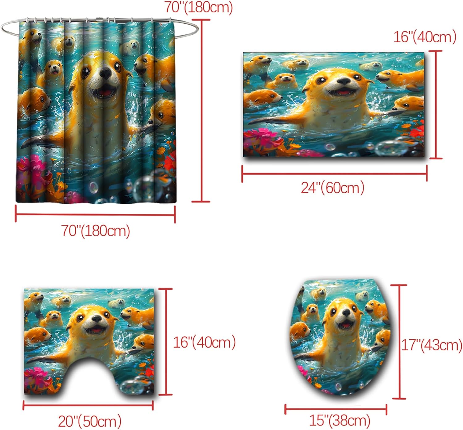 4 Pcs Shark Shower Curtain Set - Shark Bath Curtain, Blue Shark Bathroom Ocean Themed Shower Curtain for Kids Boys Girls, Sea Animal Shower Curtain with Rug, Toilet Cover, Bath Mat with 12 Hooks