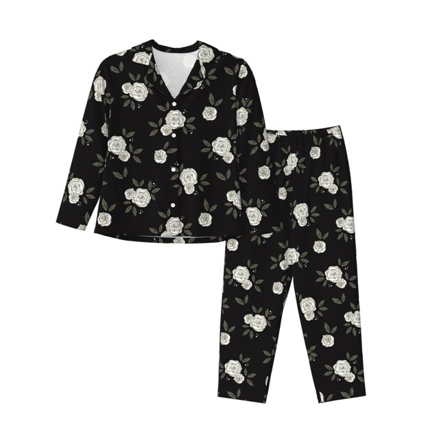 Fotbe Rose Flowers Conjunto de Pijama de Manga Larga para Mujer con Estampado, Ropa de Dormir de 2 Piezas, Conjunto de Casa Suave y Cómodo con Bolsillos-Medium