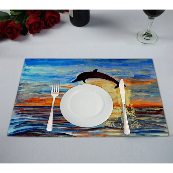 YUSDECOR Dolphin Jumping out of Sea Sunset Seacapes Placemats Size 12x18 inches,Set of 2