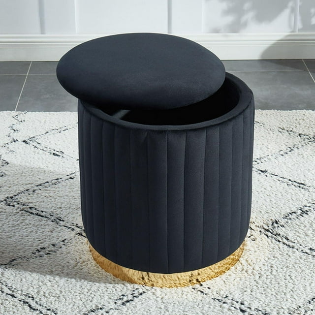 Charlotte Velvet Ronde Ottoman Avec La Base D'Or (Noir)