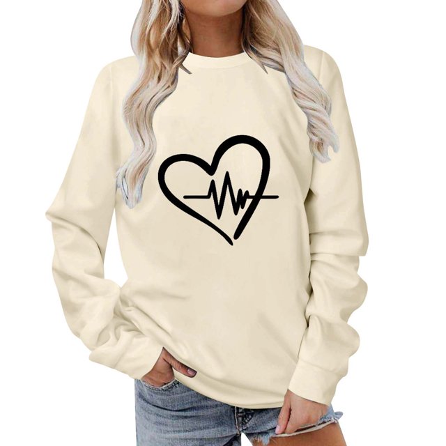 Besolor Womens Fall Spring Sweatshirt Heart Printed Crewneck Long Sleeve Tops Casual Loose Plus Size Pullover Blouse
