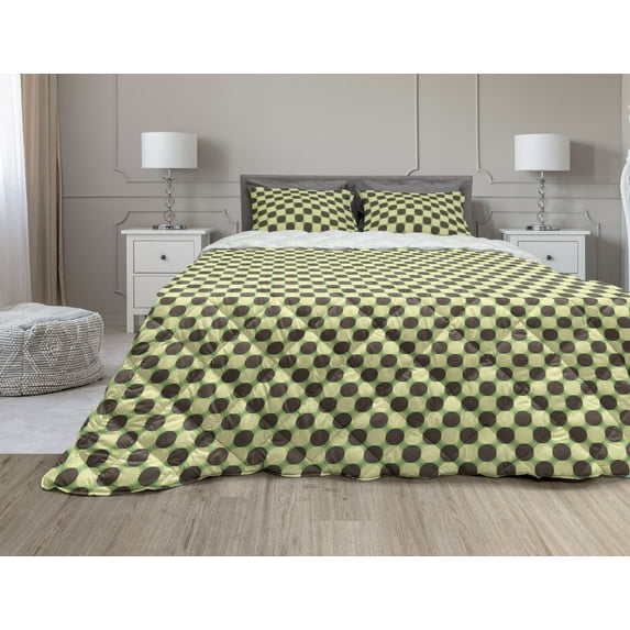 Yellow and Brown Comforter & Sham Bedding Set, Colorful Circles Arranged into Squares, 3 pcs Duvet Set Microfiber Filling Quilt, 5 Sizes, Taupe Cream Green, by Ambesonne
