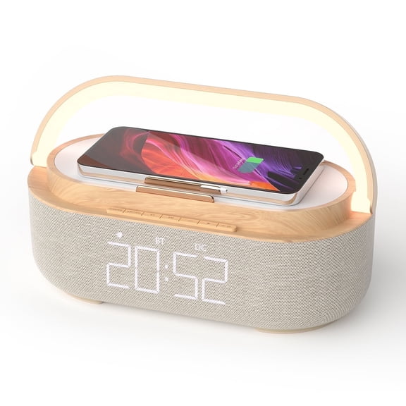 6-in-1 Wireless Charger Bluetooth Speaker with Alarm Clock, FM Radio & Night Light for iPhone Wood