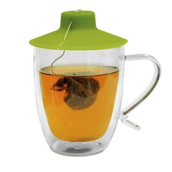 Primula Double Wall Glass Mug and Tea Bag Buddy - Temperature Safe 16 oz. Clear Glass Mug - 100% Food Grade Green Silicone Tea Bag Buddy - Dishwasher and Microwave Safe Set