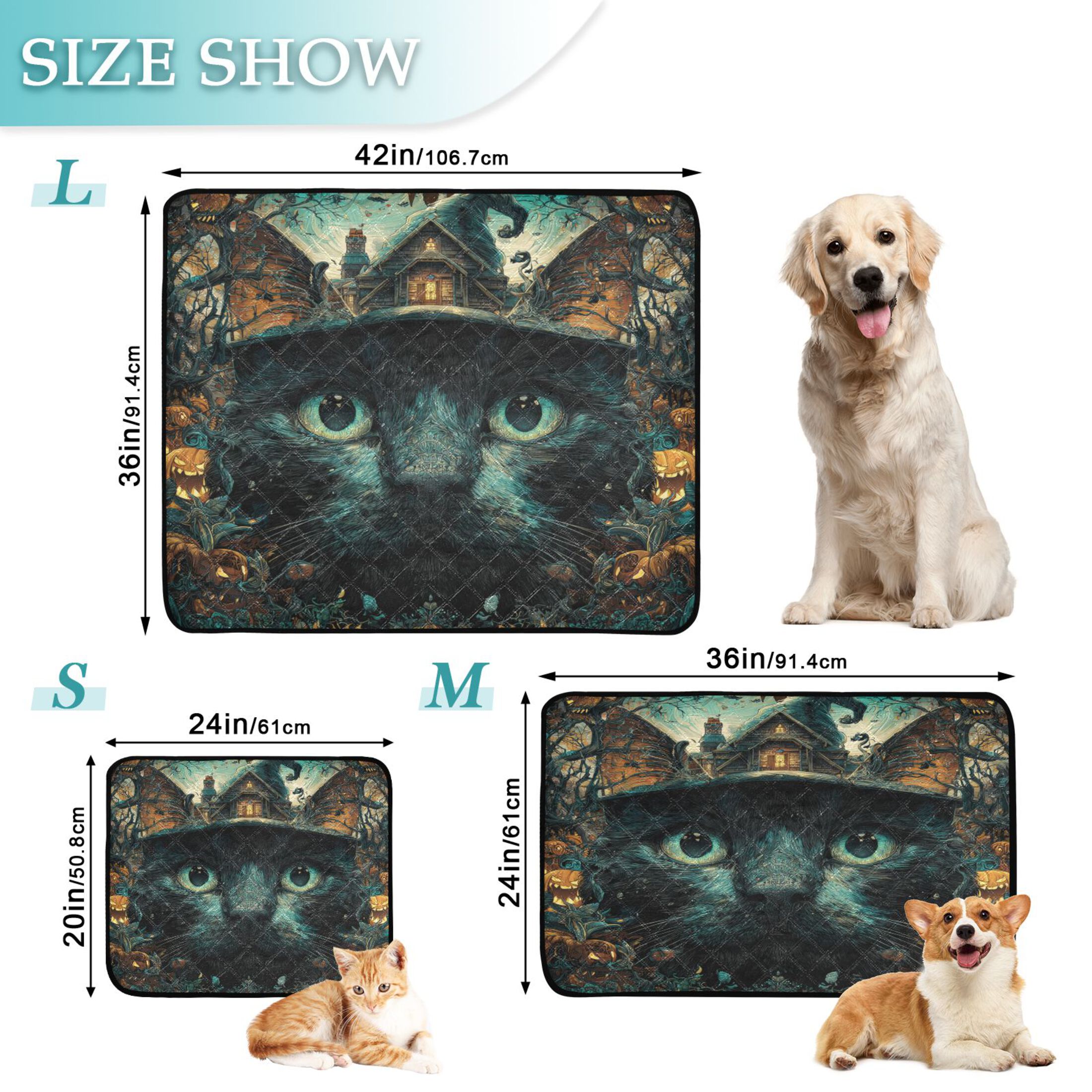 Qxltty Black Cat Haunted House Cat litter Pads Pet Set of 3 Diaper Mats Center Anti-leakage Layer Absorbent Soft and Comfortable