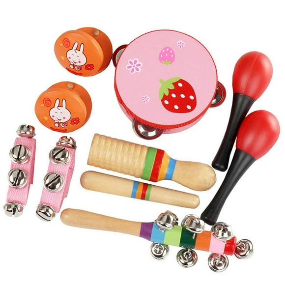 10pcs/set Musical Toys Percussion Instruments Band Rhythm Kit Including Tambourine Maracas Castanets Handbells Wooden Guiro for Kids Children Toddlers