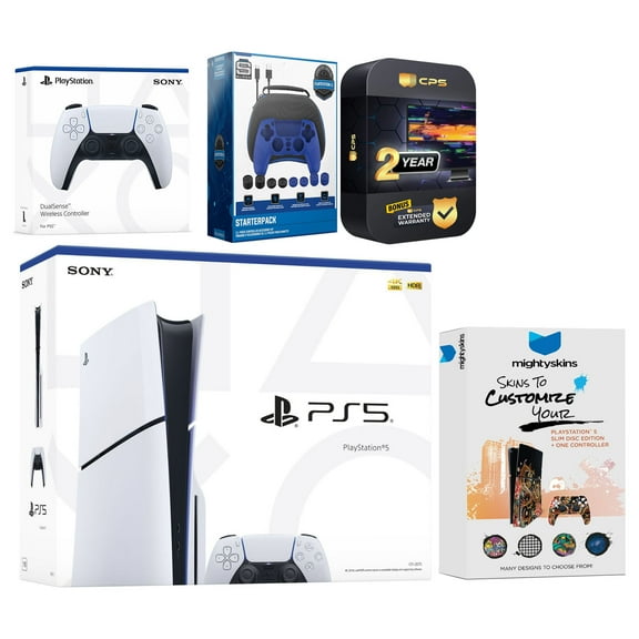 Sony Playstation 5 Slim Disc with Extra White Controller, Gamer Starter Kit and MightySkins Decal Voucher Plus 2 Year CPS Extended Warranty
