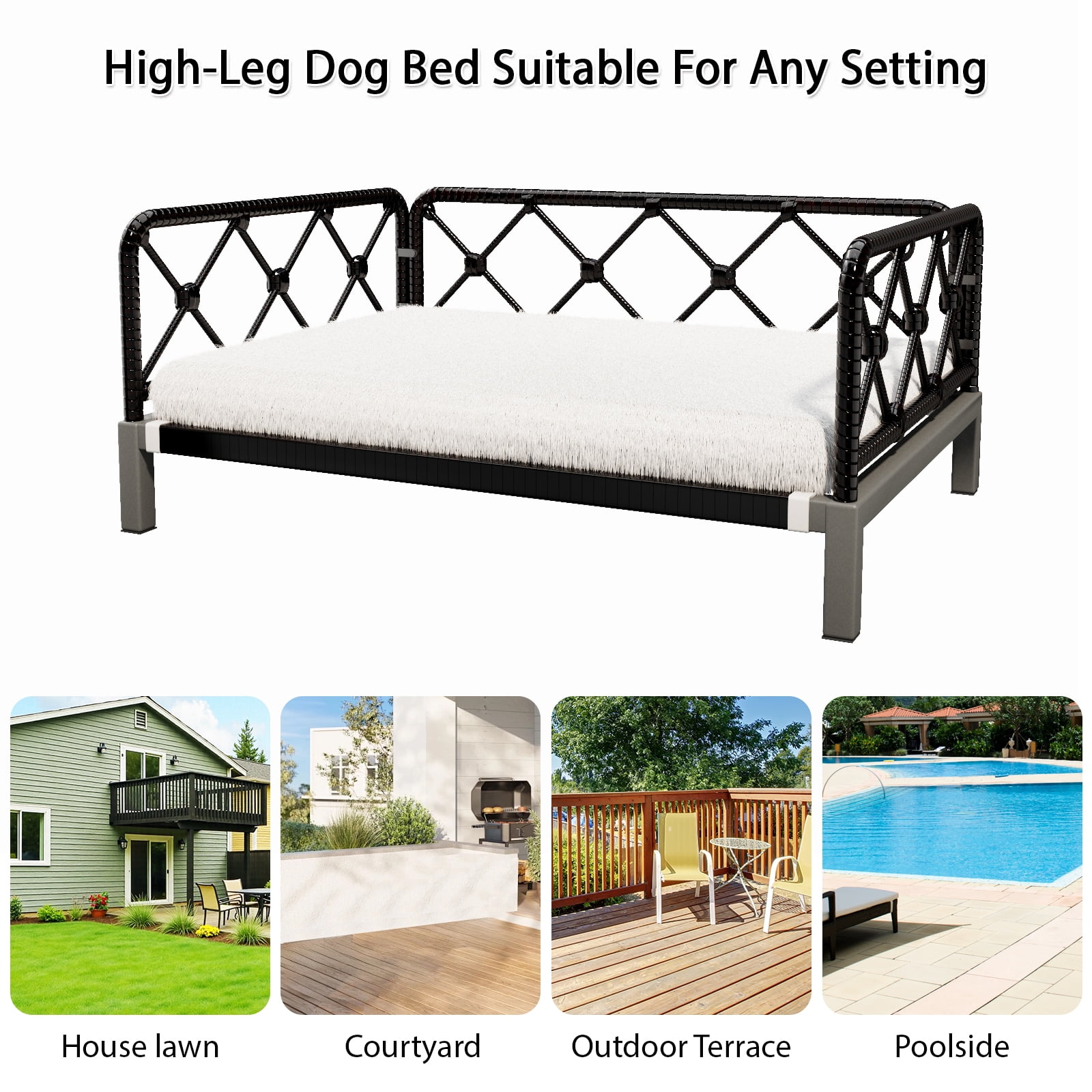 Wallowsun Wicker Dog Bed with 2'' Cushion,Rattan Dog Sofa Bed for Small Medium Dogs– Indoor/Outdoor Metal Frame Pet Bed up 66lbs(Black Rattan White Cushion)