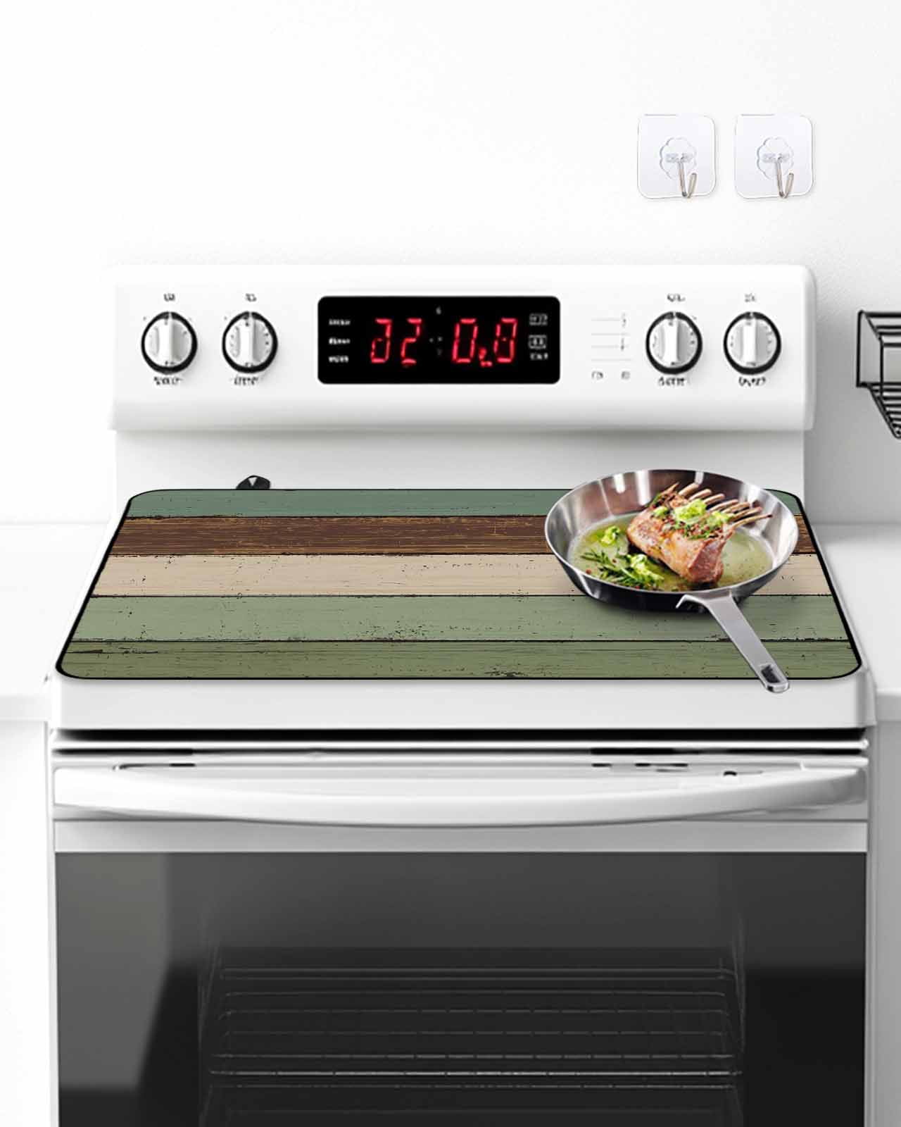 Stove Top Covers for Electric Stove, Green Brown Glass Stovetop Cover Protector, Country Wood Grain Abstract Stripe Induction Cooktop Protector Oven Mat for Kitchen Countertop 24"x21"