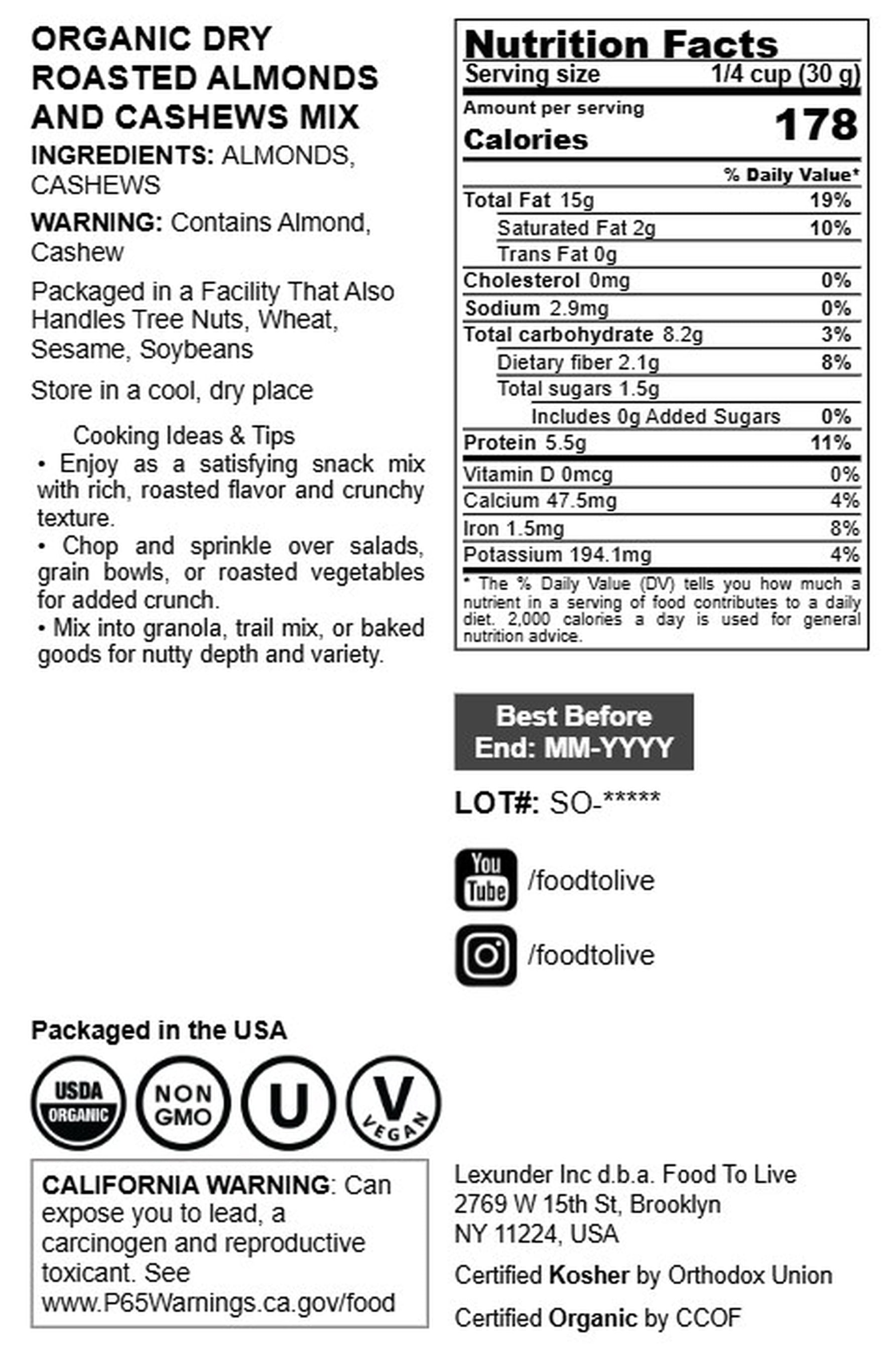 Organic Dry Roasted Almonds and Cashews Mix, 1 Pound – Unsalted Oven Roasted Nuts, Non-GMO, Protein Rich Trail Mix, Healthy Vegan Snack, No Oil Added, Kosher Blend, Bulk