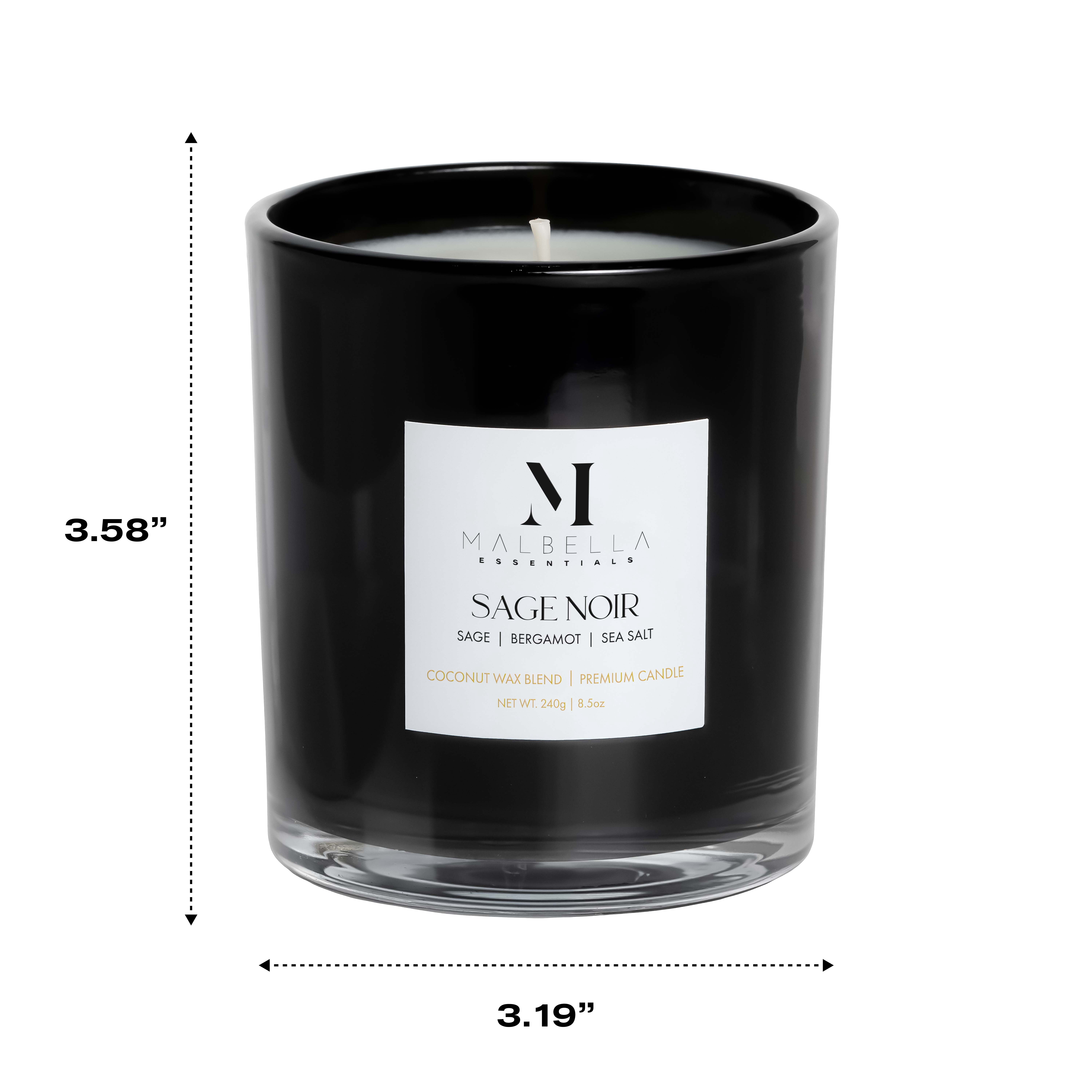 Malbella Essentials Sage Noir Scented Coconut Wax Blend Candle with 50 Hr Burn Time, Modern Self-Care, Gift-Ready Glossy Glass Vessel