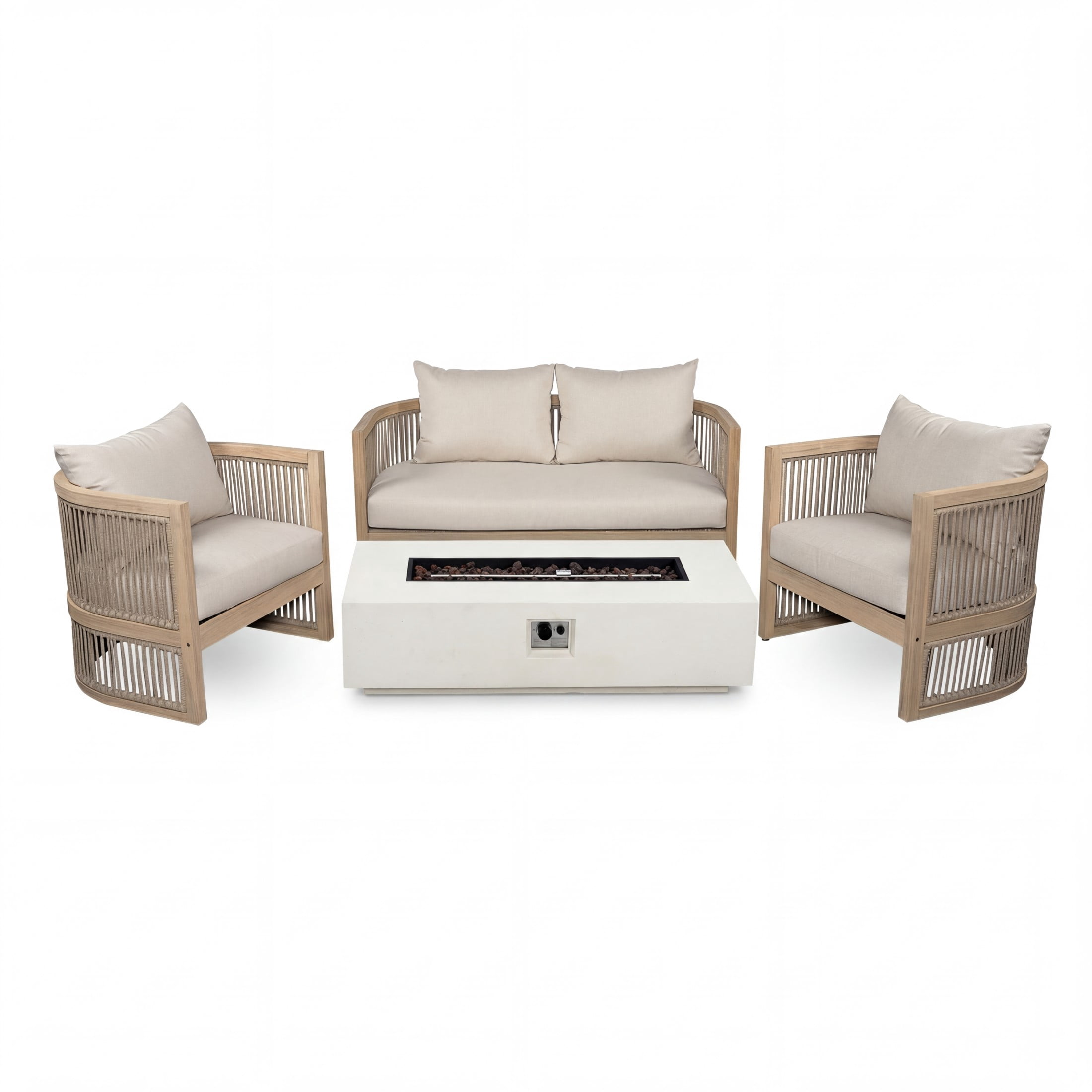 Christopher Knight Home 4-Piece Outdoor Patio Set with Fire Pit Table, Beige Cushions, Light Teak Finish