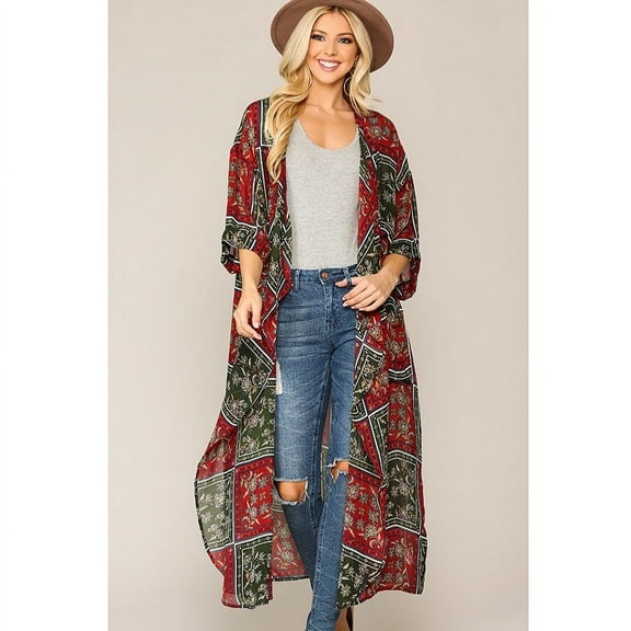 Scarf Printed Draped Long Cardigan with Pockets