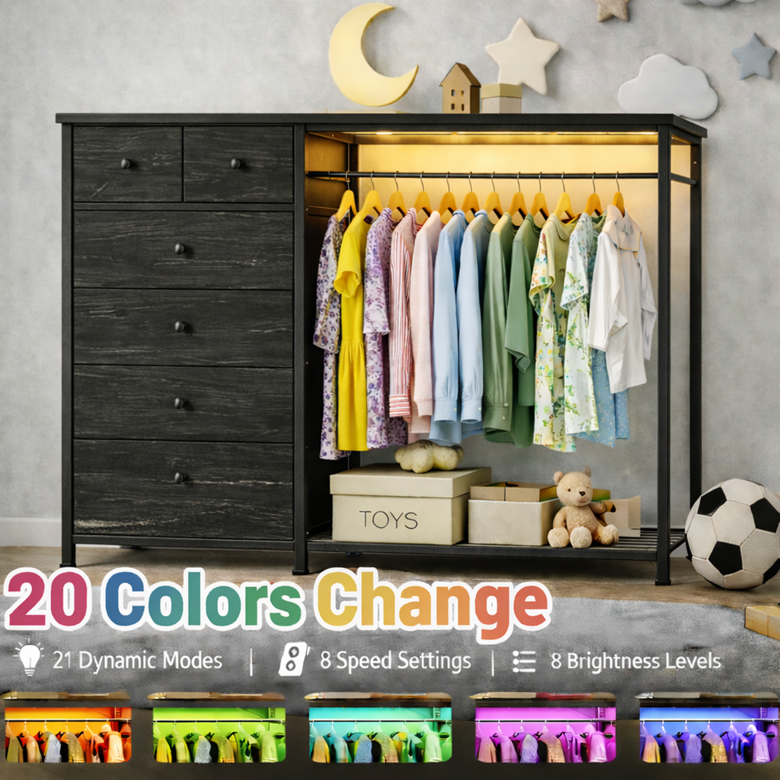 Simple Deluxe Storage Clothes Rack with 6 Drawers, Charging Station & LED Lights, Fabric Chest Shelves Clothing Rack, Wooden Portable Wardrobe Closet, 49.2" W x 15.7" D x 47.2" H, Black