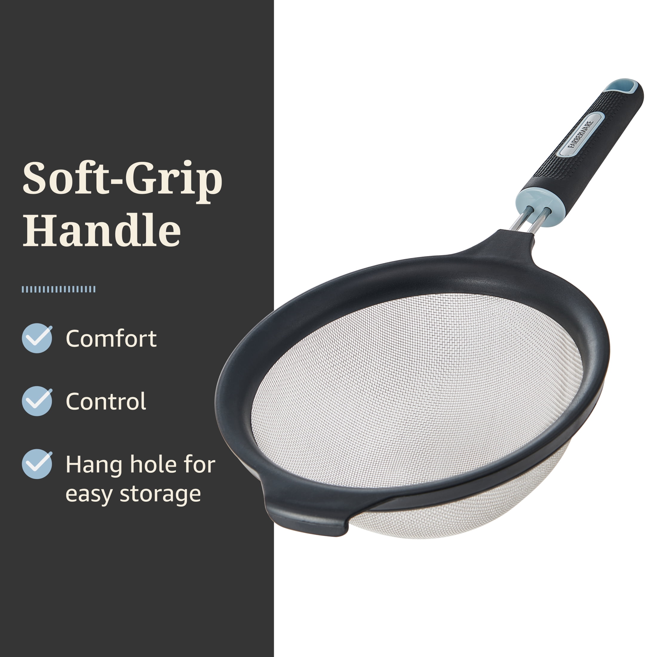 Farberware Soft Grips 7 in Stainless Steel Fine Mesh Strainer, Black with Slate Accents