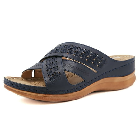 

Women‘s Embroidered Wedge Heel Slides Sandals Faux Leather Open Toe Sandals Women‘s Footwear