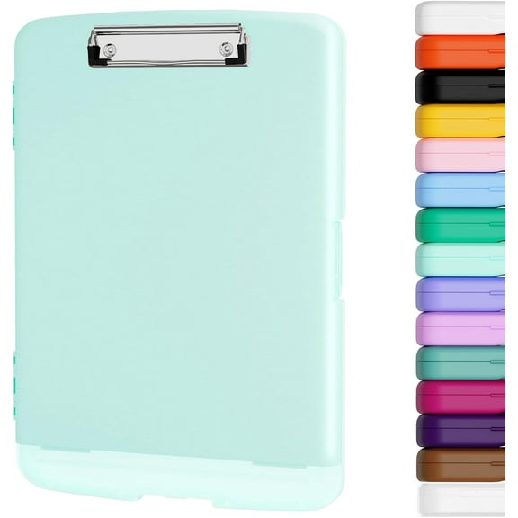 Clipboard with Storage, 8.5 x 11 Organization Box with Pen Holder and A4 Legal Paper Folder, Folio & Side-Opening, Low Profile Clip,for Nurses,Teachers, Size 14 x 9.6 x 1.2 in,Mint Green