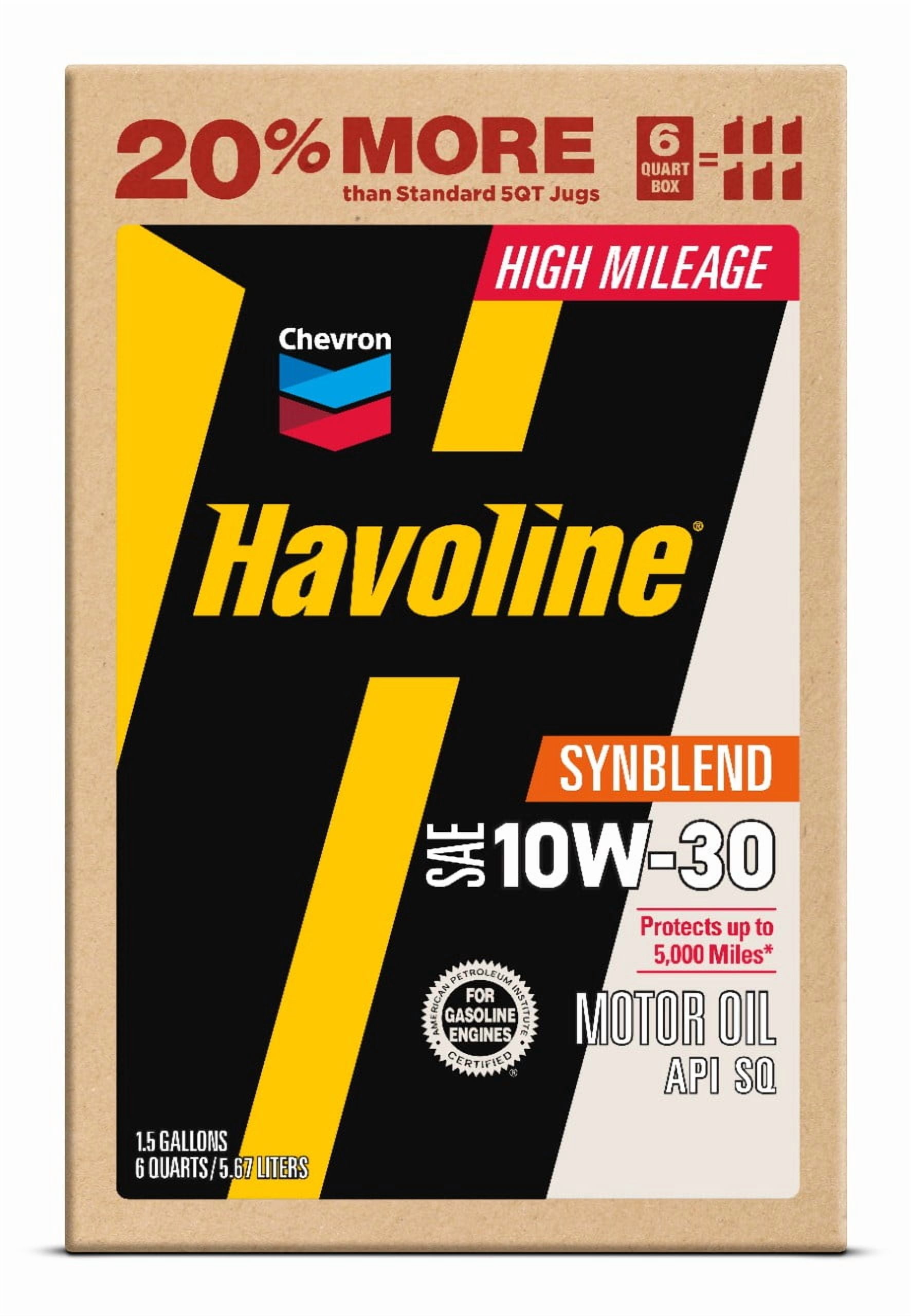 (4 pack) Chevron Havoline High Mileage Synthetic Technology Motor Oil 10W-30, 6 Quart Smart Change Box