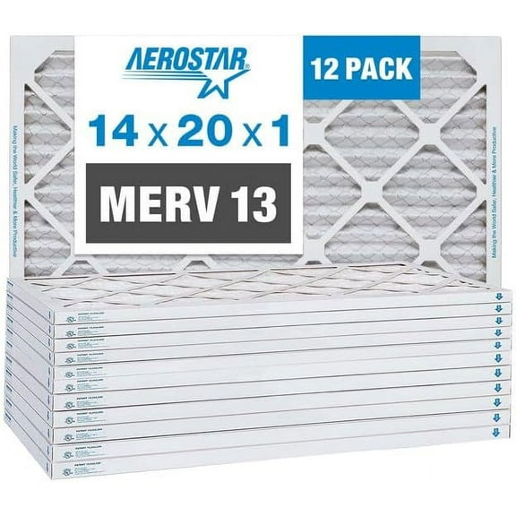 Aerostar 14x20x1 MERV 13 Pleated Air Filter, AC Furnace Air Filter, 12 Pack (Actual Size: 13 1/2" x 19 1/2" x 3/4")