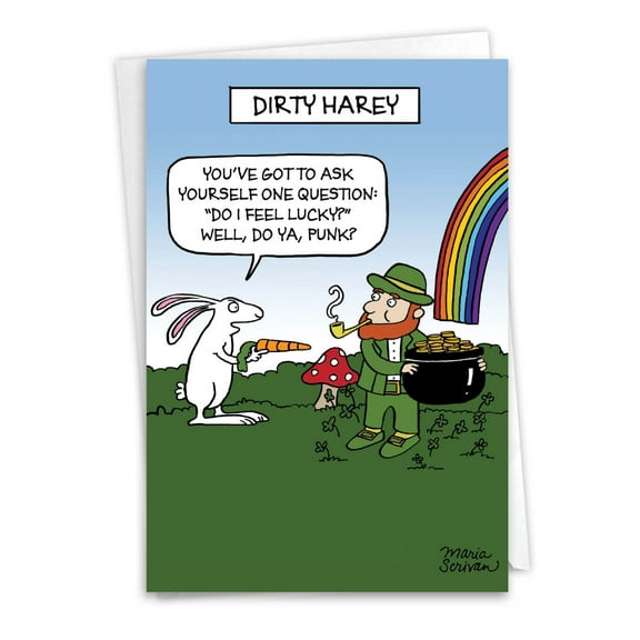 Hysterical St. Patrick's Day Greeting Card with 5 x 7 Inch Envelope (1 Card) Dirty Harey - Rabbit Pointing Carrot at Leprechaun