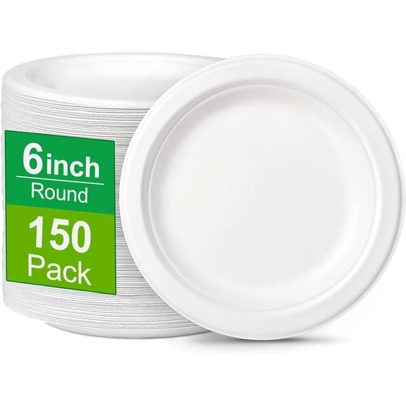 150 Pack Compostable Eco-friendly Plates: Small, White Plates (6 inch), Perfect for Dessert, Cake, Appetizer