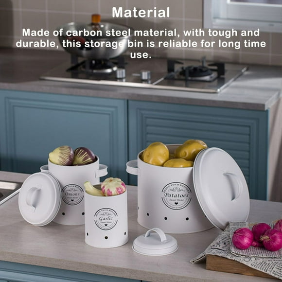 Pack of 3 Potato Bin Carbon Kitchen Canisters for Steel Kitchen Canister Garlic Containers with Lid Potatoes Countertop Organizer Restaurant Type A