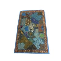 Mogul Blue Sequin Embroidered Tapestry Beautiful Vintage Handmade Sari Tapestry 70"X 48 "