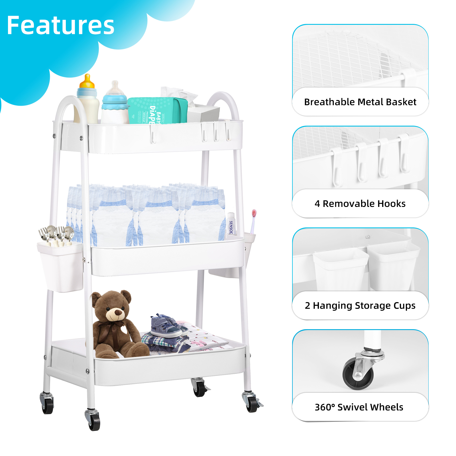 FOOK FISH Baby Diaper Cart 3-Tier Rolling Storage, White photo 4