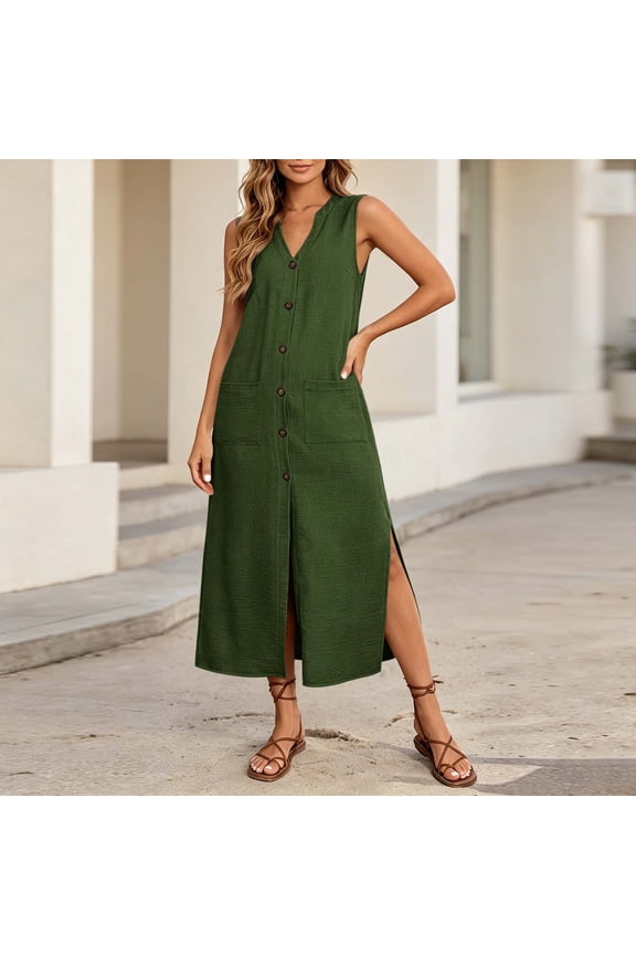 Women's V Neck Sleeveless Button Down Boho Maxi Dress Casual Flowy Long Travel Dresses Lightweight Summer Beach Sundress, Green XL