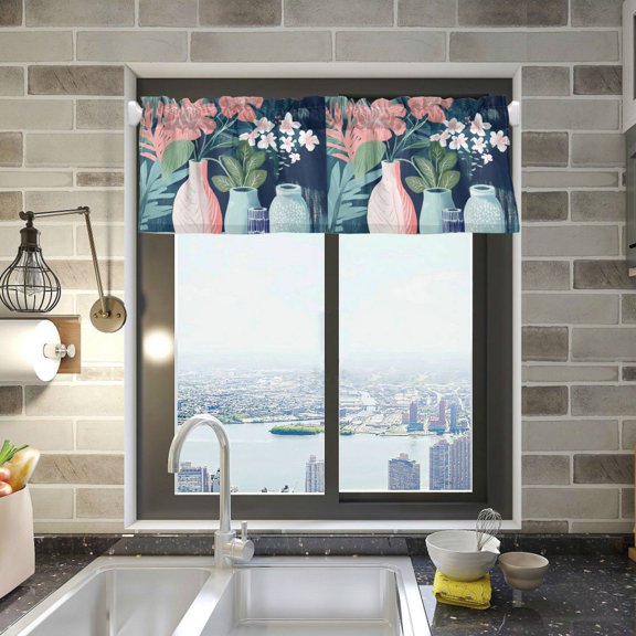 Yayeee Kitchen Valance Rod Pocket 54" x 18" Living Room Window Curtain, Pink Flowers