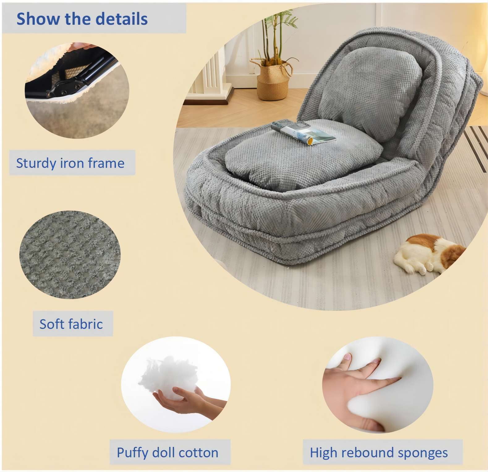 BaPiPro Multi-Function Pet Bed & Lazy Sofa Couch, 5 Adjustable Positions for Sitting & Sleeping, Foldable Space-Saving Design for Bedroom & Living Room, Gray
