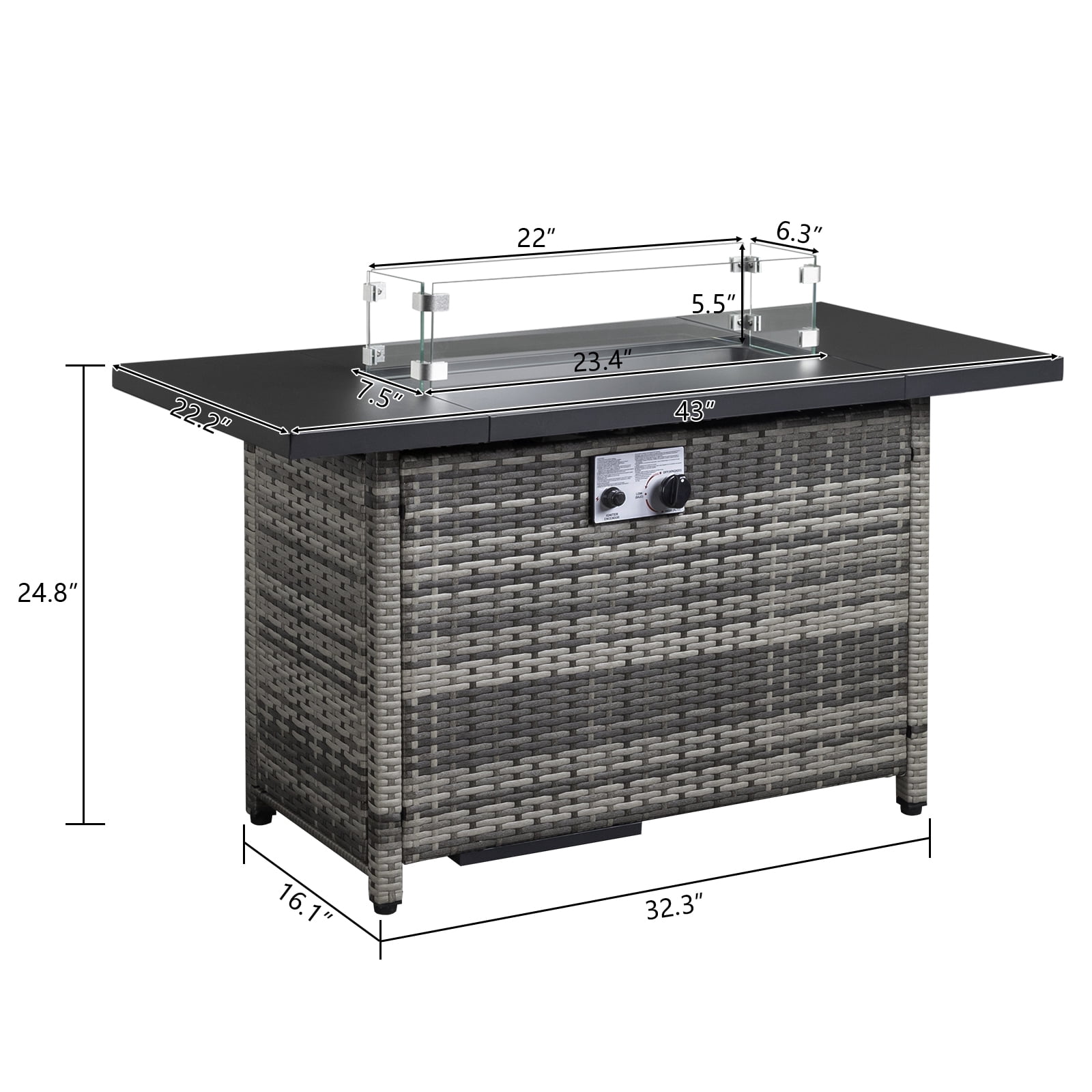 43" Propane Fire Pit with Wind Guard, 50,000 BTU Auto-Ignition Fire Pit Table, Gray Wicker Fire Pit with Glass Rock, Waterproof Cover and Steel Lid for Outside, Garden, Backyard
