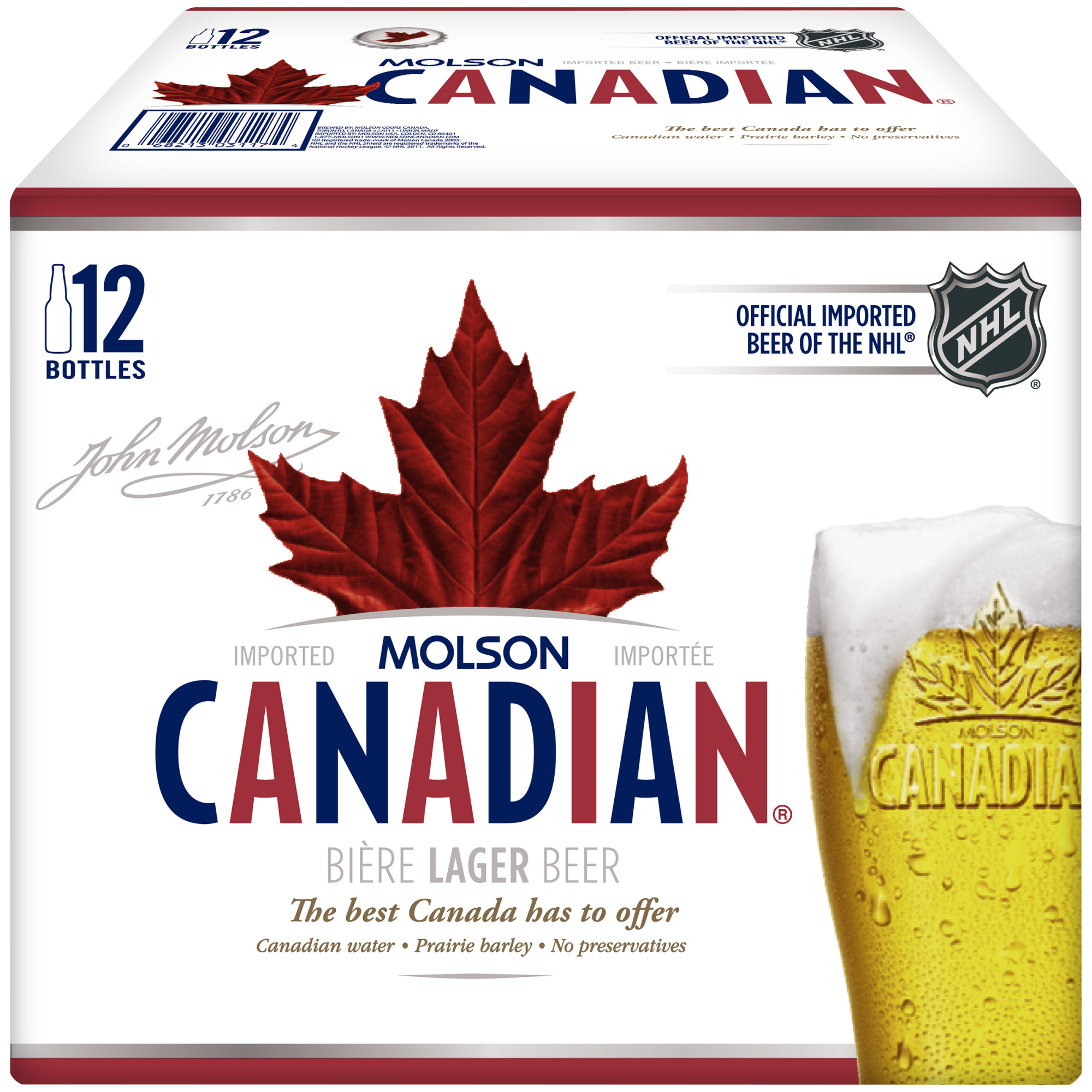 Molson Canadian Beer, 12 Pack, 12 fl oz Glass Bottles, 5% ABV, Import Lager