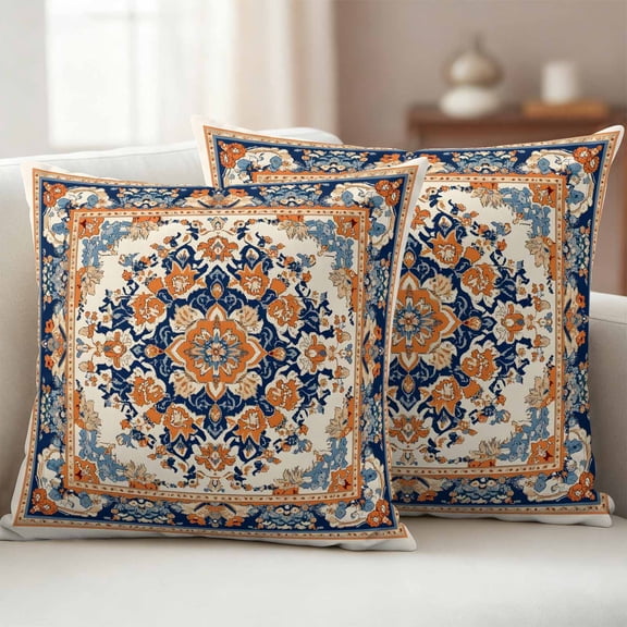 Blue Burnt Orange Boho Outdoor Pillow Covers 18x18 Set of 2,Waterproof Patio Throw Pillowcase Protectors,Antique Southwestern Art Square Decorative Pillow Shams Cushion Covers for Seat Bed Couch Sofa