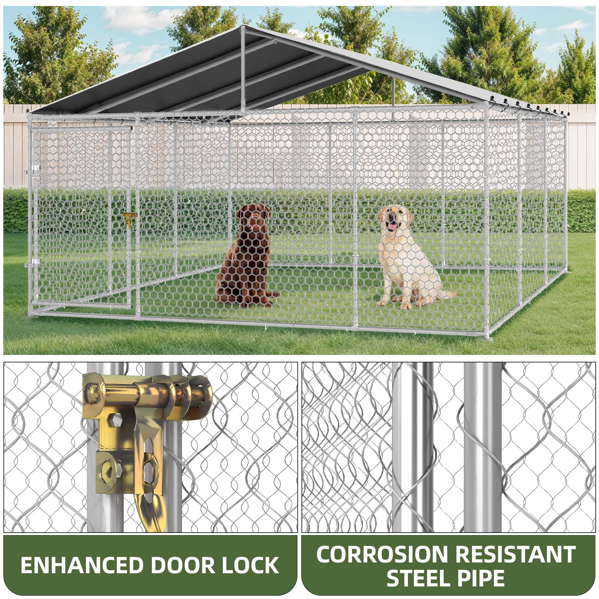Uforic 14.8'x14.8'Large Outdoor Dog Kennel with Metal Dog Gate, Outdoor Dog Enclosure with Roof, Heavy Duty Dog Kennel for Backyard Farm
