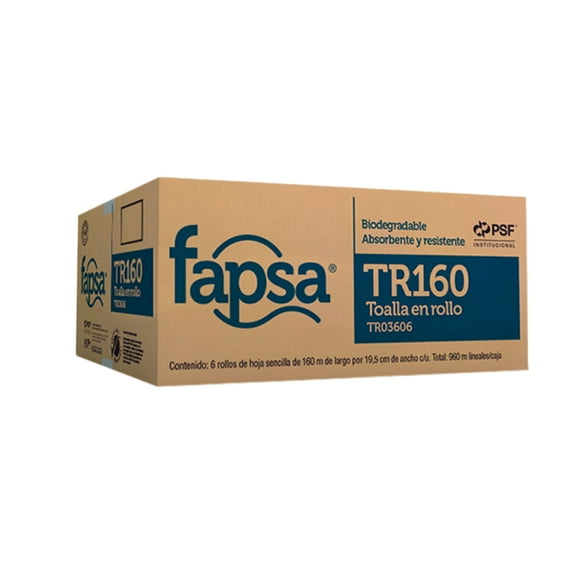 Toalla en rollo de 160 M certificado TR160 caja con 6 FAPSA TR03606