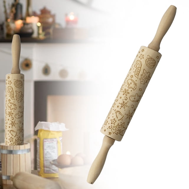 Christmas DecorRolling PinWooden Embossing Rolling Pin Embossed Christmas Snowflakes Deer Pattern Kitchen For Baking Cake FondantRolling pin