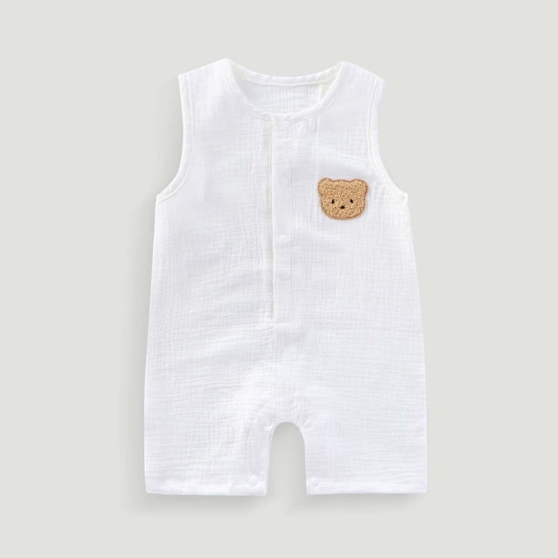 Ropa de bebé sin mangas corta con bordado de oso de escalada, mono transpirable de gasa que absorbe el sudor, gasa de doble capa, botón oculto, algodón para niños hayi