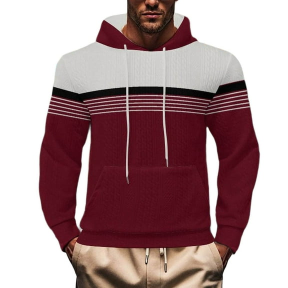 MELDVDIB Mens Color Block Hoodies Jacquard Knit Long Sleeve Pullover Hooded Sweatshirt Tops with Front Pocket for Daily Wear Casual Outings
