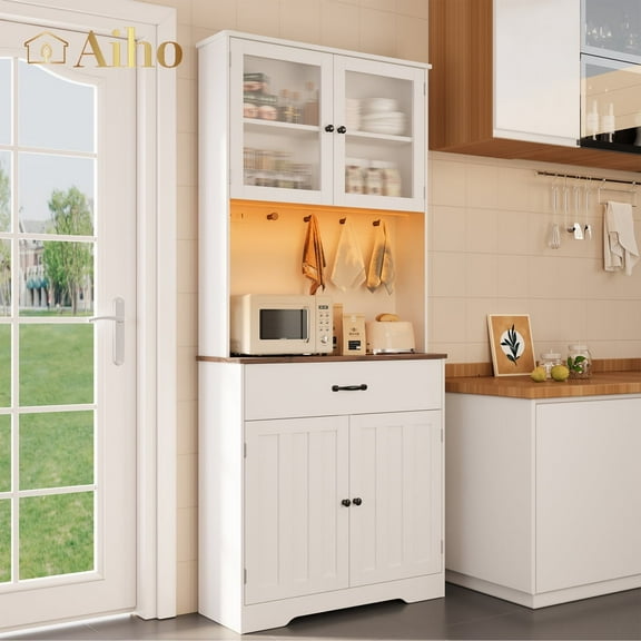 Aiho 70.9" Tall Farmhouse Kitchen Pantry Cabinet, with 4 Doors & 1 Large Drawer & LED Lights & Charging Station for Dinnig Room, Livingroom, Kitchen
