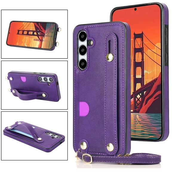 Allytech Slim Case for Samsung Galaxy S25 with Card Slot & Shoulder Strap, Premium PU Leather Adjustable Strap Wristband Kickstand Shockproof Full Protective Cover for Women Men, Purple