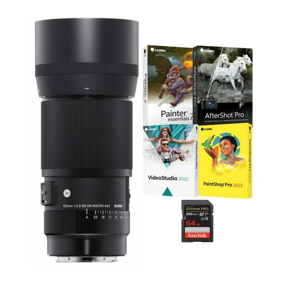 Sigma 105mm f/2.8 Art DG DN Macro Lens (Sony E-Mount) Bundle with 4 Softwares and 64GB Memory Card (3 items)