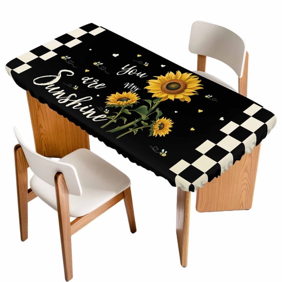 Sunflower Vingra Table Cloths for 3 Foot Rectangle Tables, Farmhouse Garden Floral Bees Plaid Patio Waterproof Elastic Fitted Tablecloths, Washable Rectangular Table Cover for Camping