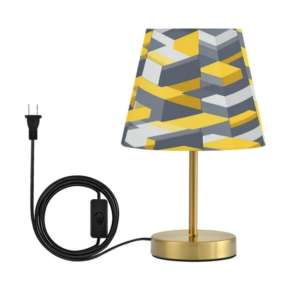 Modern Minimalist Cone Desk Lamp Antique Bronze Base & Linen Shade Bedside Table Lamp for Bedroom Living Room, Office, Dorm Yellow and Grey Cubes Medium