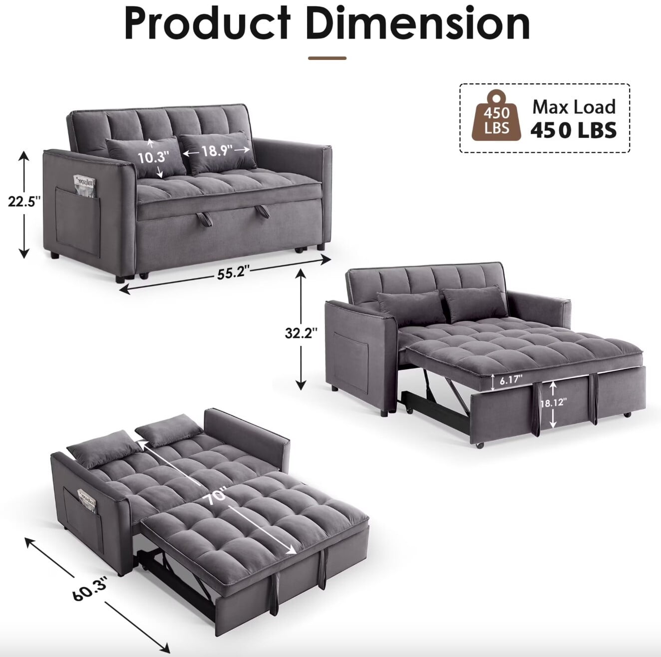 ShiKeyi 3 in 1 Convertible Sleeper Futon Sofa Bed, 55" Pull Out Sofa Bed with Storage Pocket/Side Pocket/2 Pillows for Living Room, Dark Gray