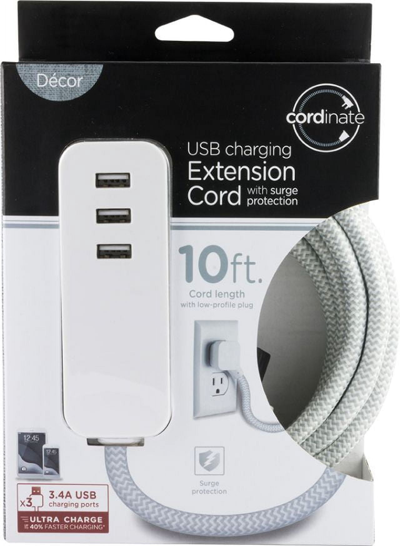 Cordinate Designer Extension Cord, 3-USB Charging Ports with Surge Protection, Gray, 10ft Cord and Flat Plug, 3.4A USB Charging Ports, 37920