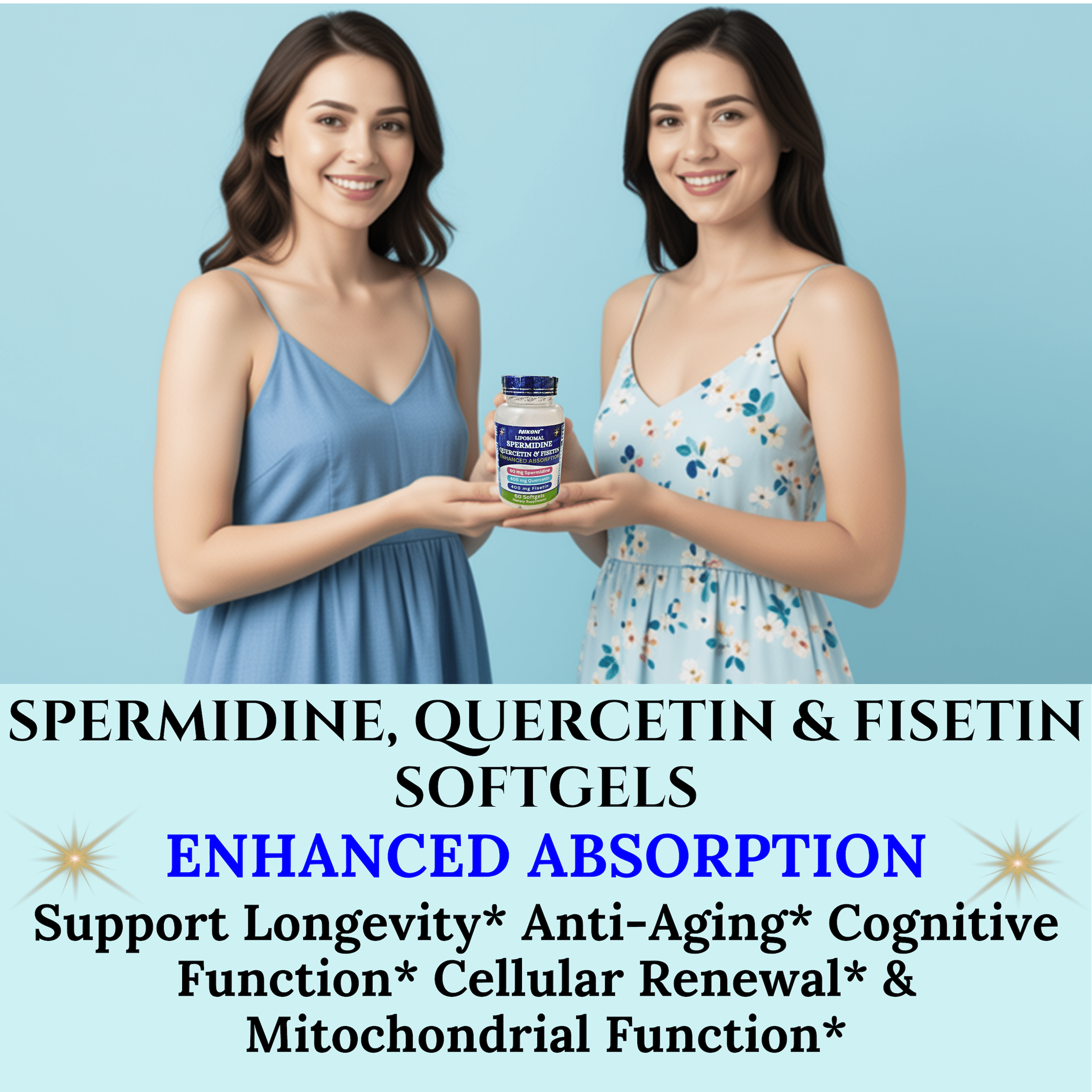 Nikoni Liposomal Spermidine Quercetin and Fisetin for Cellular and Brain Health, Antioxidant Support, 60 Softgels
