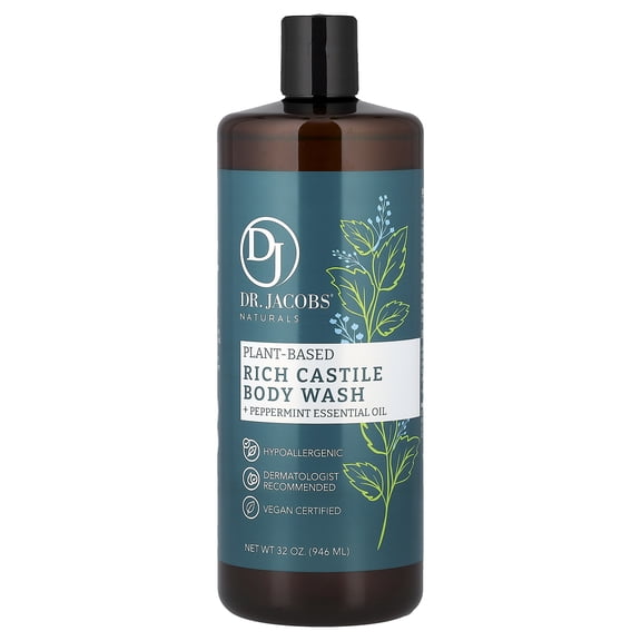 Dr Jacobs Naturals Castile Soap Body Wash Plant Based Liquid Soap, Peppermint 32 Oz